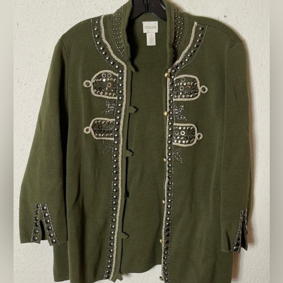 CHICOS MILITARY EMBELLISHED SWEATER JACKET CARDIGAN OLIVE L (12) - Picture 3 of 11